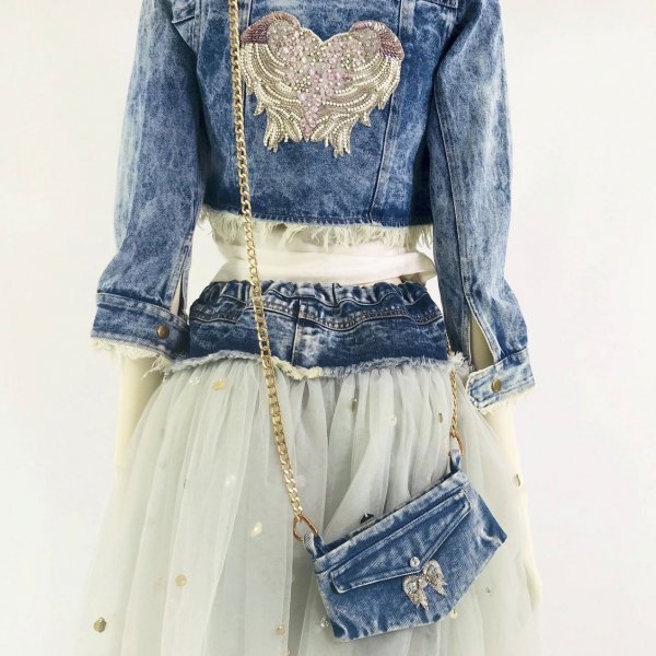 denim jacket teenager Dolly by Le Petit Tom party outfit